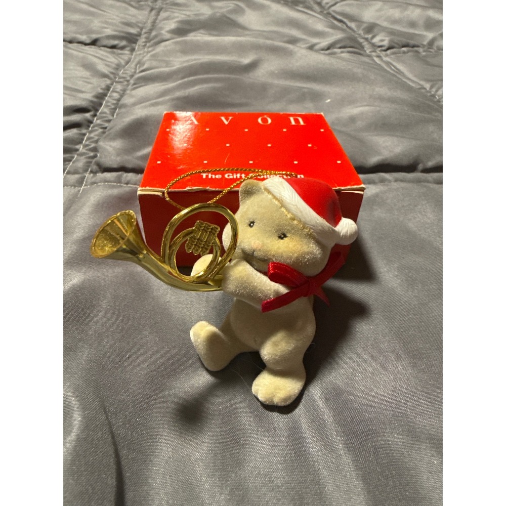 Vintage Avon Flocked Bear Christmas Ornament French Horn Santa Hat with Box